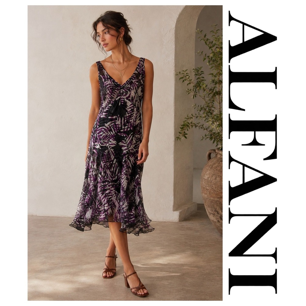 Alfani Purple Palm Leaf 100% Silk Satin Charmeuse Slip Dress Plus Size 18W